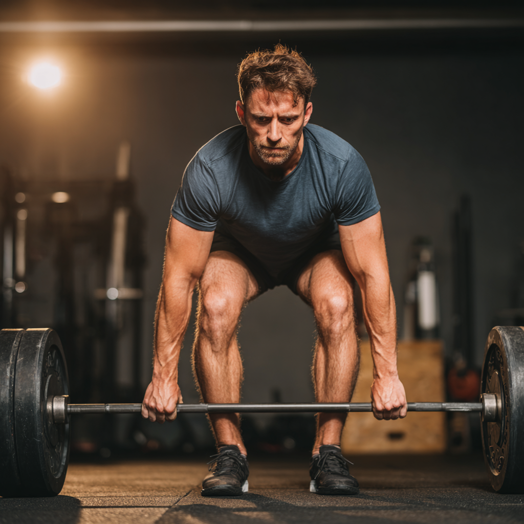 Athletic man performing deadlift exercise in gym with perfect form and concentration showing strength and dedication