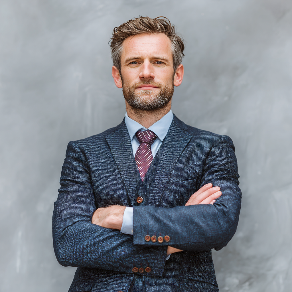 Confident successful man in business suit standing with crossed arms showing determination and leadership