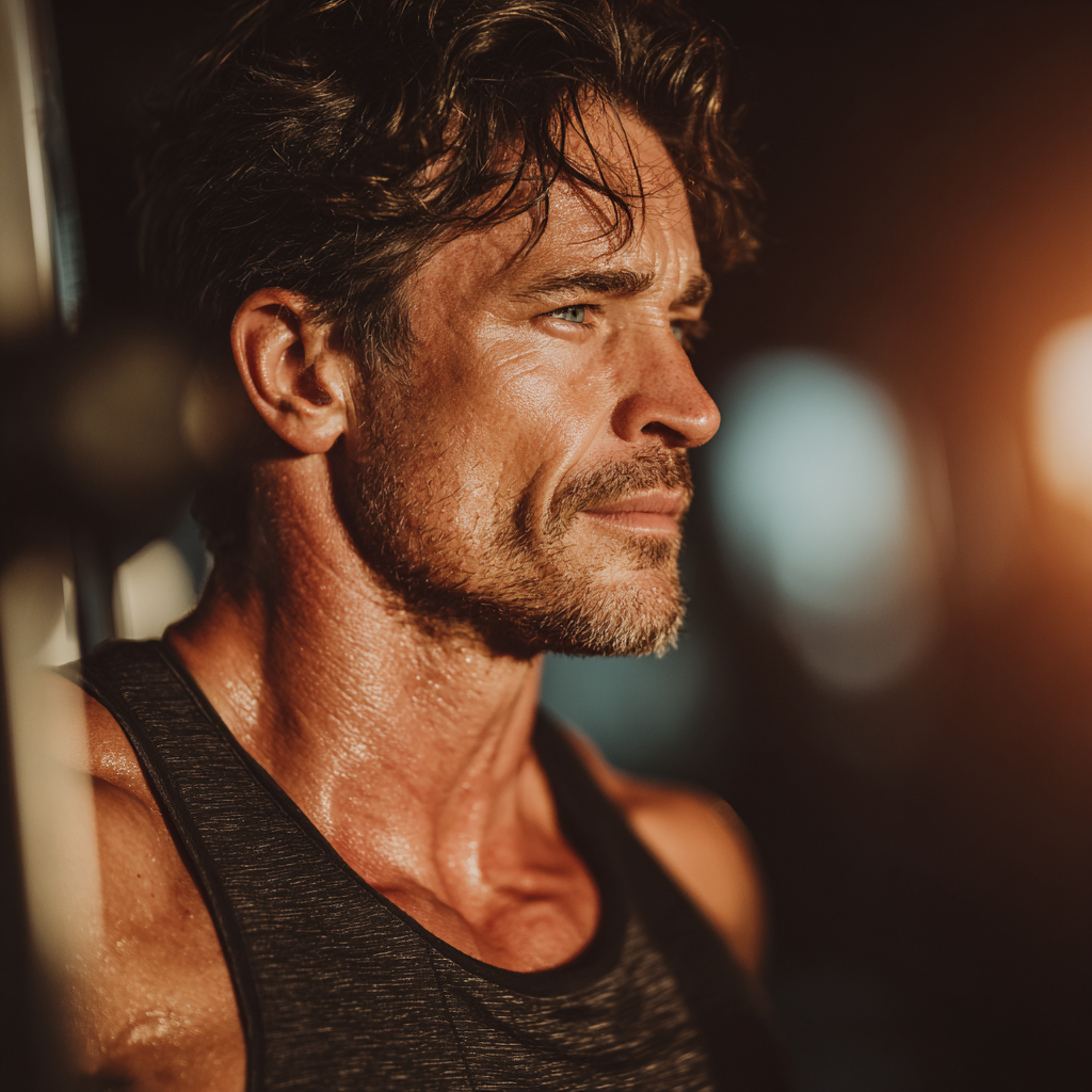 Strong determined man training in modern gym with focused expression and athletic build